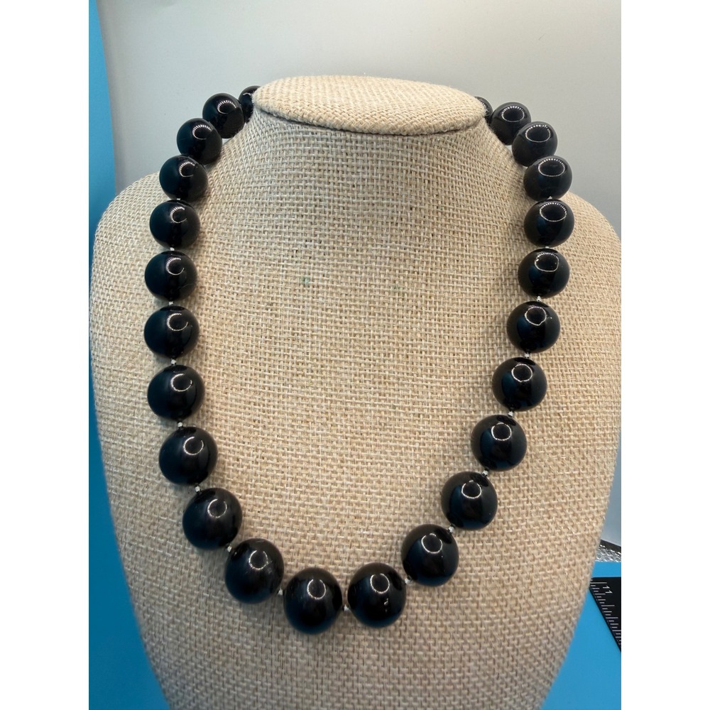 Vintage Black Chunky Round Bead Statement Necklace 20 Inch Gold Tone Clasp